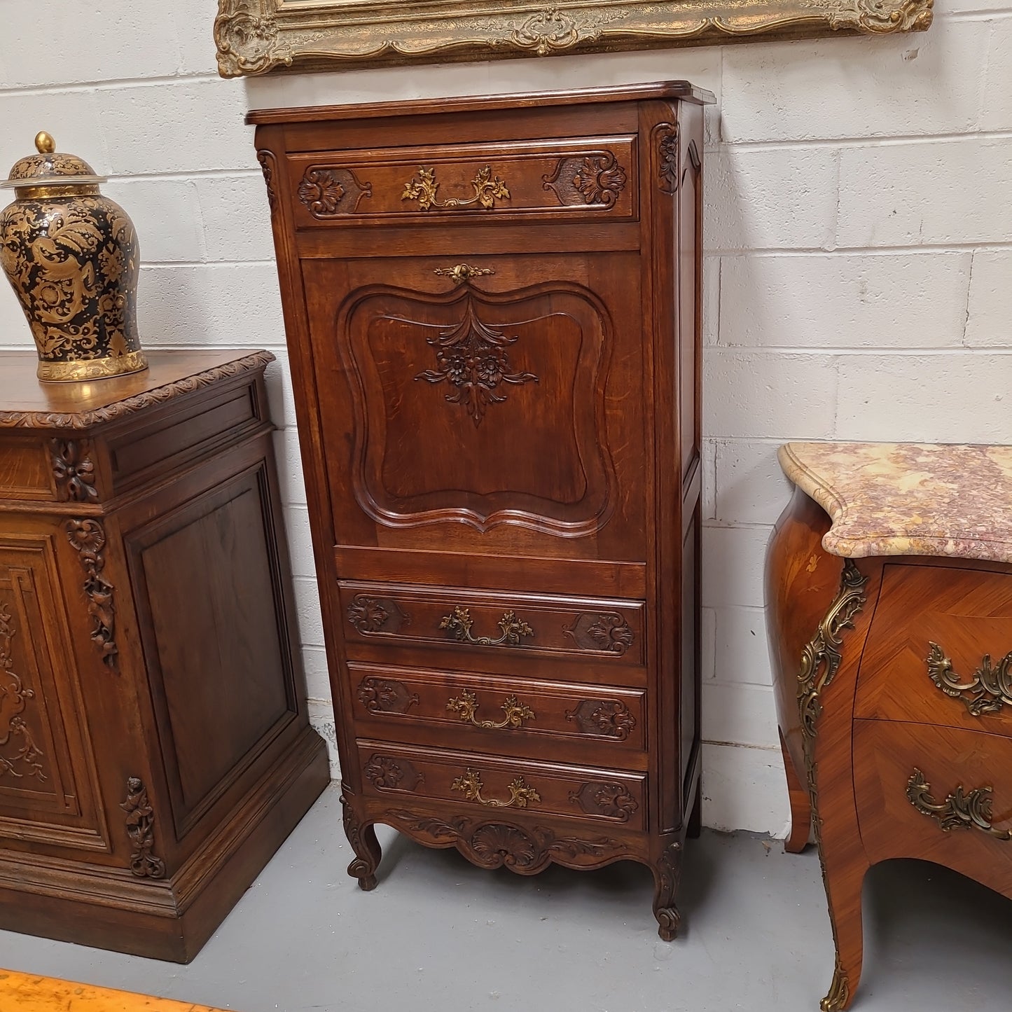 French Oak Loius XV Style Secretaire Abattant
