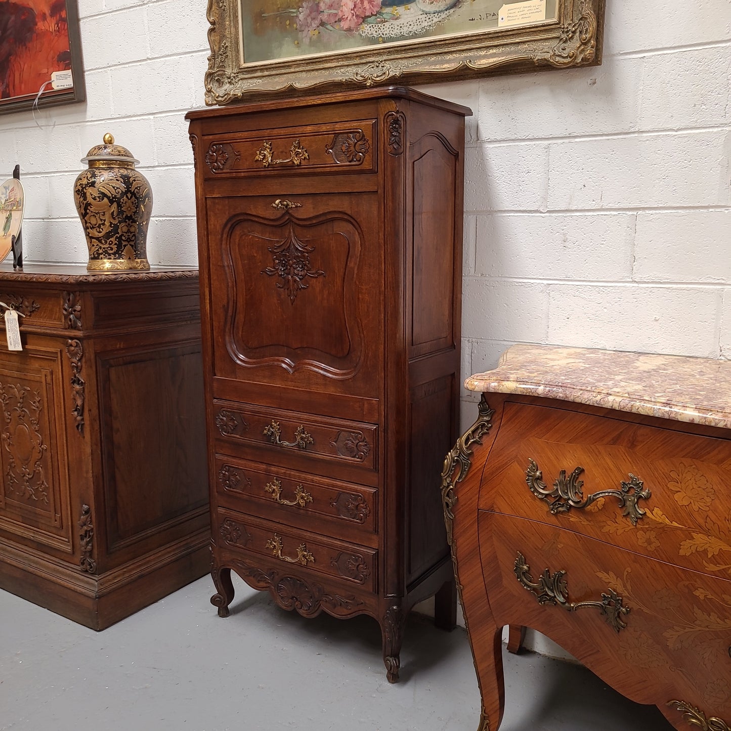 French Oak Loius XV Style Secretaire Abattant