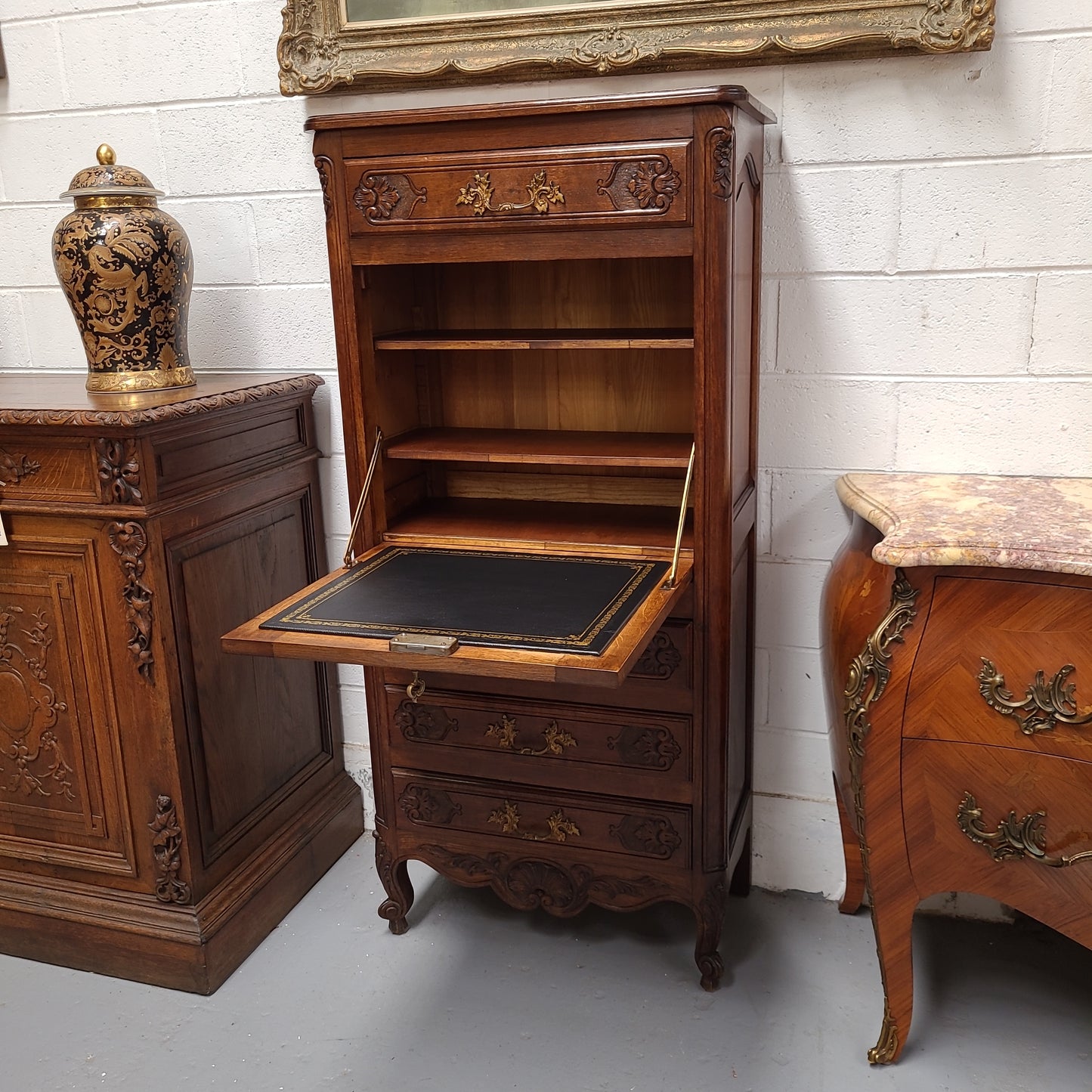 French Oak Loius XV Style Secretaire Abattant