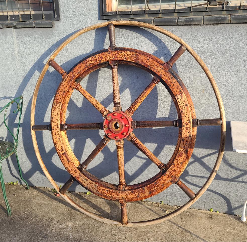 Large Antique 19th Century Eight Spoke Mahogany and Brass Ships Steering Wheel