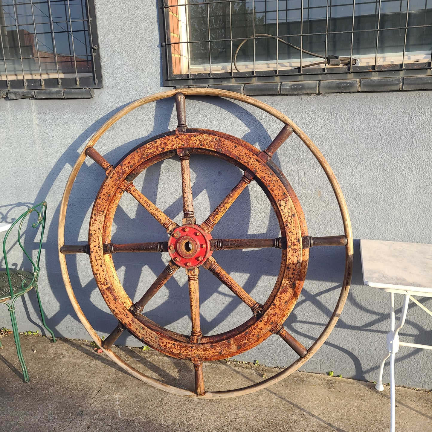 Large Antique 19th Century Eight Spoke Mahogany and Brass Ships Steering Wheel