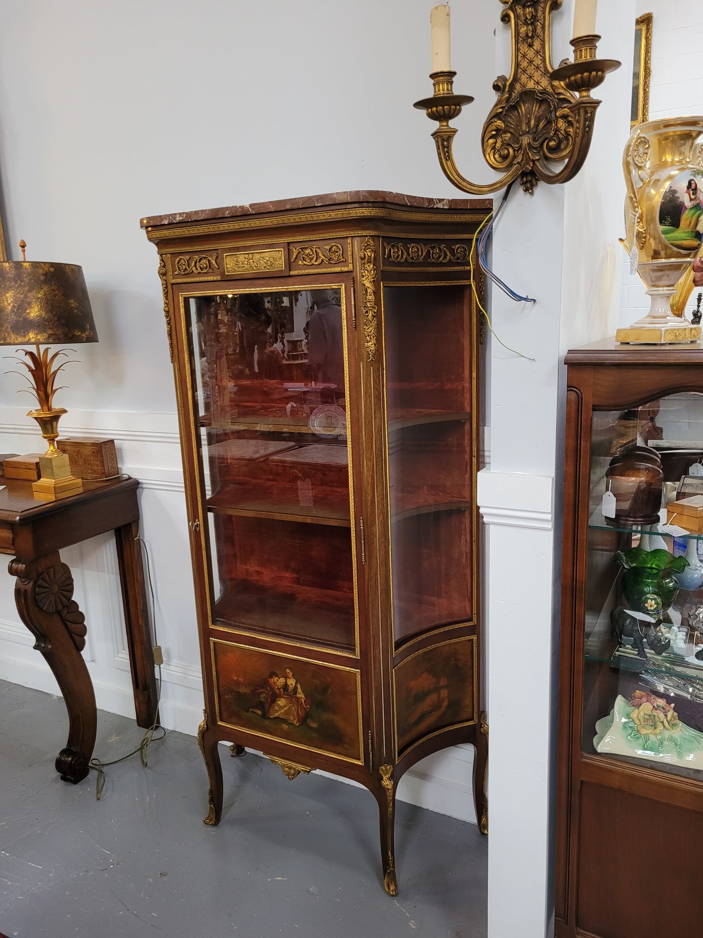 Original 19th Century French Vernis Martin Vitrine With Marble Top & Hand Painted Panels