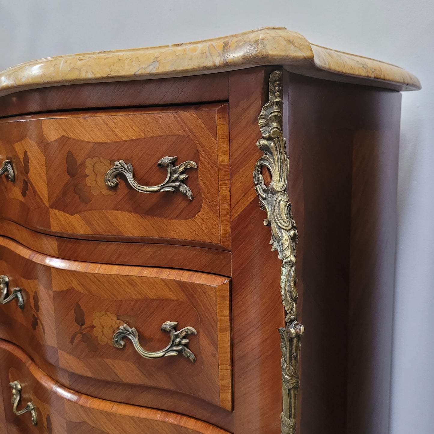 French Chest of Five Drawers With Marble Top & Marquetry Inlay