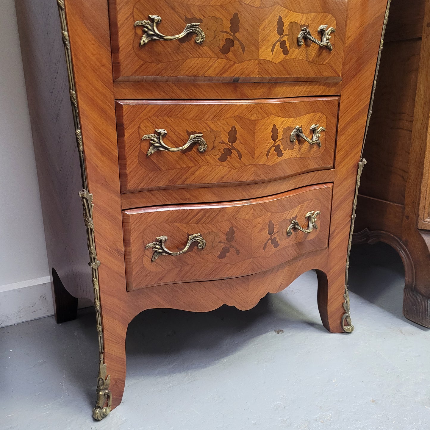 French Chest of Five Drawers With Marble Top & Marquetry Inlay
