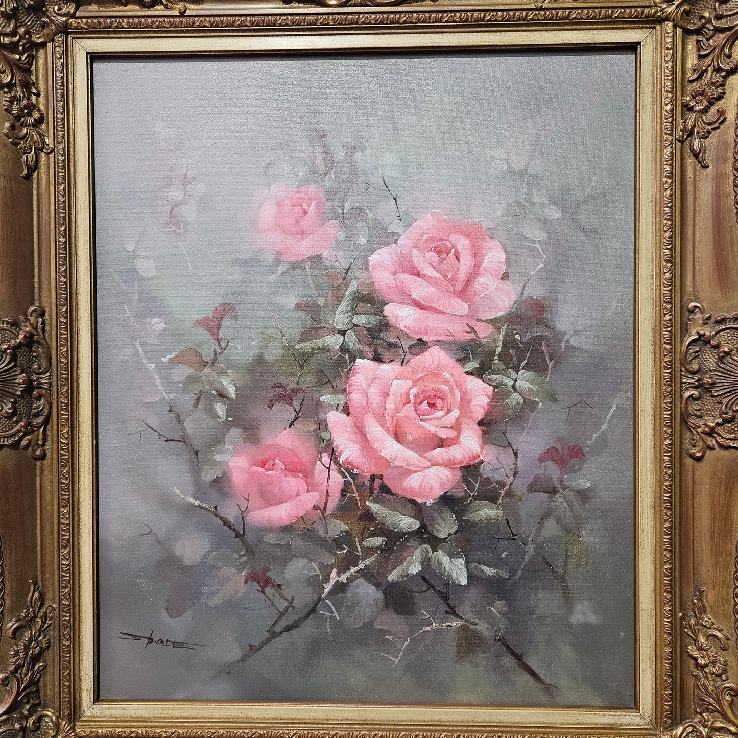 Sourced from France a stunning signed oil on canvas still life of pink roses. In its original frame and in good original detailed condition.