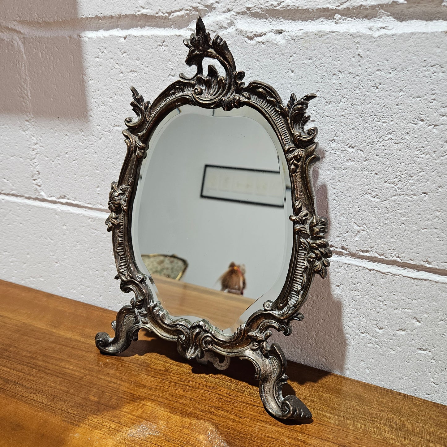 Antique French silver plated dressing table/ desk mirror. In good original condition with beautiful bevelled mirror and nice patina. Please view photos as they help form part of the description.