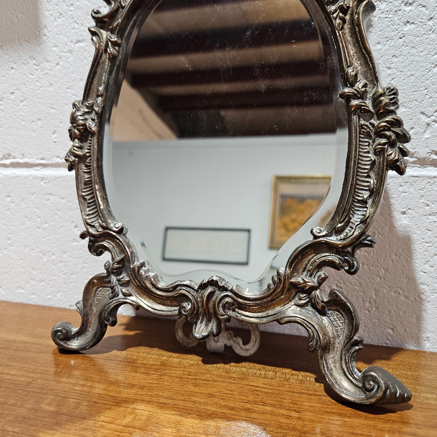 Antique French silver plated dressing table/ desk mirror. In good original condition with beautiful bevelled mirror and nice patina. Please view photos as they help form part of the description.
