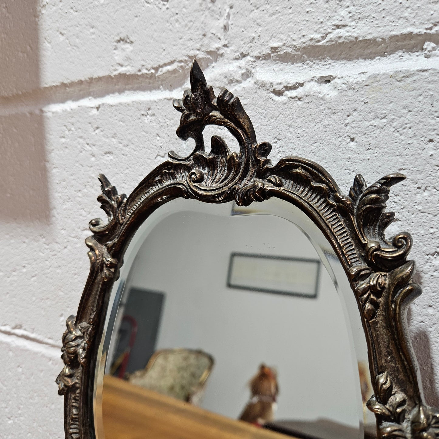Antique French silver plated dressing table/ desk mirror. In good original condition with beautiful bevelled mirror and nice patina. Please view photos as they help form part of the description.