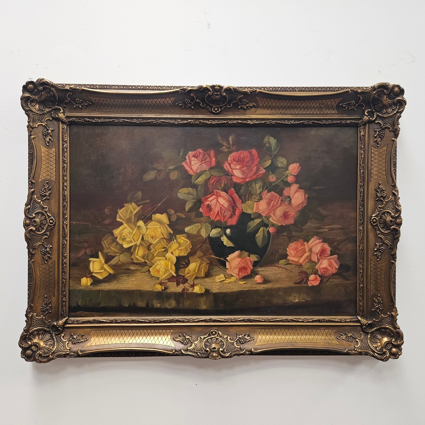 Gilt Framed Oil On Canvas Still Life Of Roses Painting