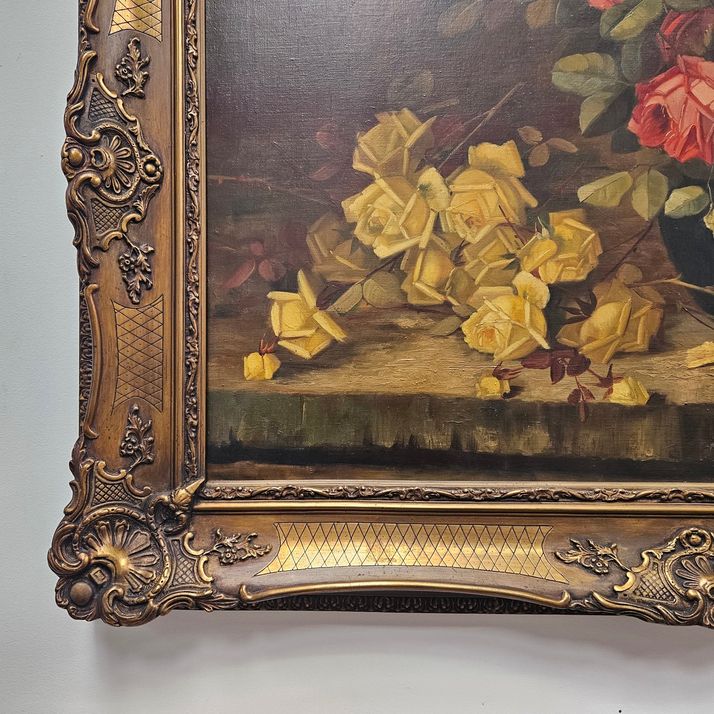 Gilt Framed Oil On Canvas Still Life Of Roses Painting