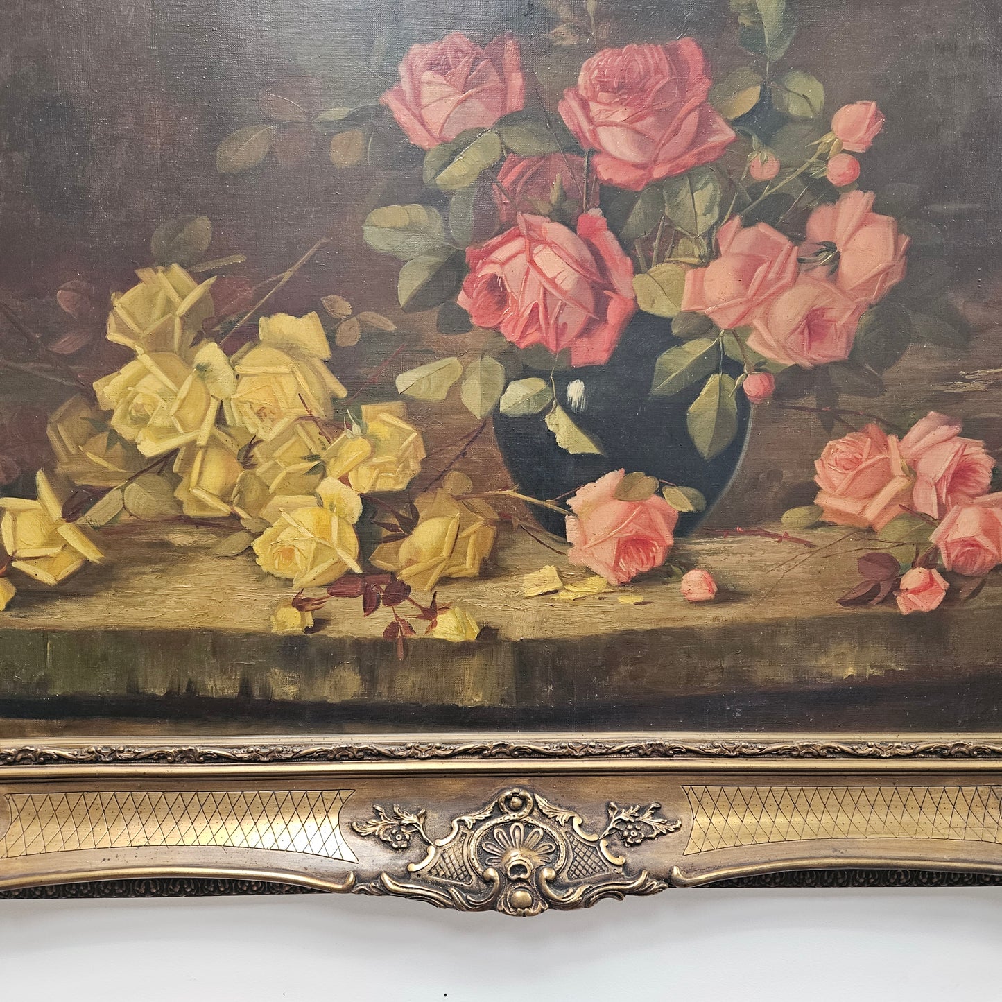 Gilt Framed Oil On Canvas Still Life Of Roses Painting