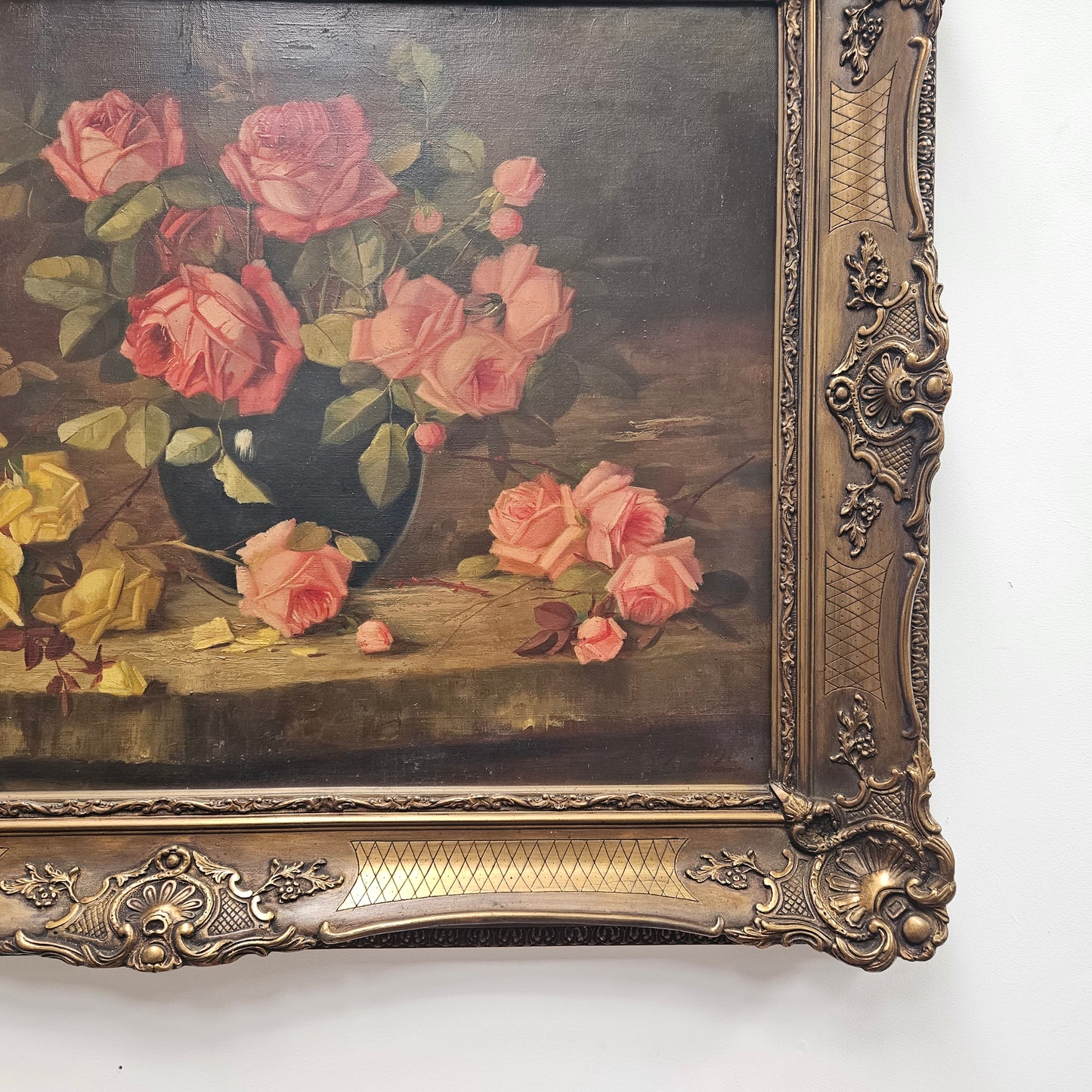 Gilt Framed Oil On Canvas Still Life Of Roses Painting