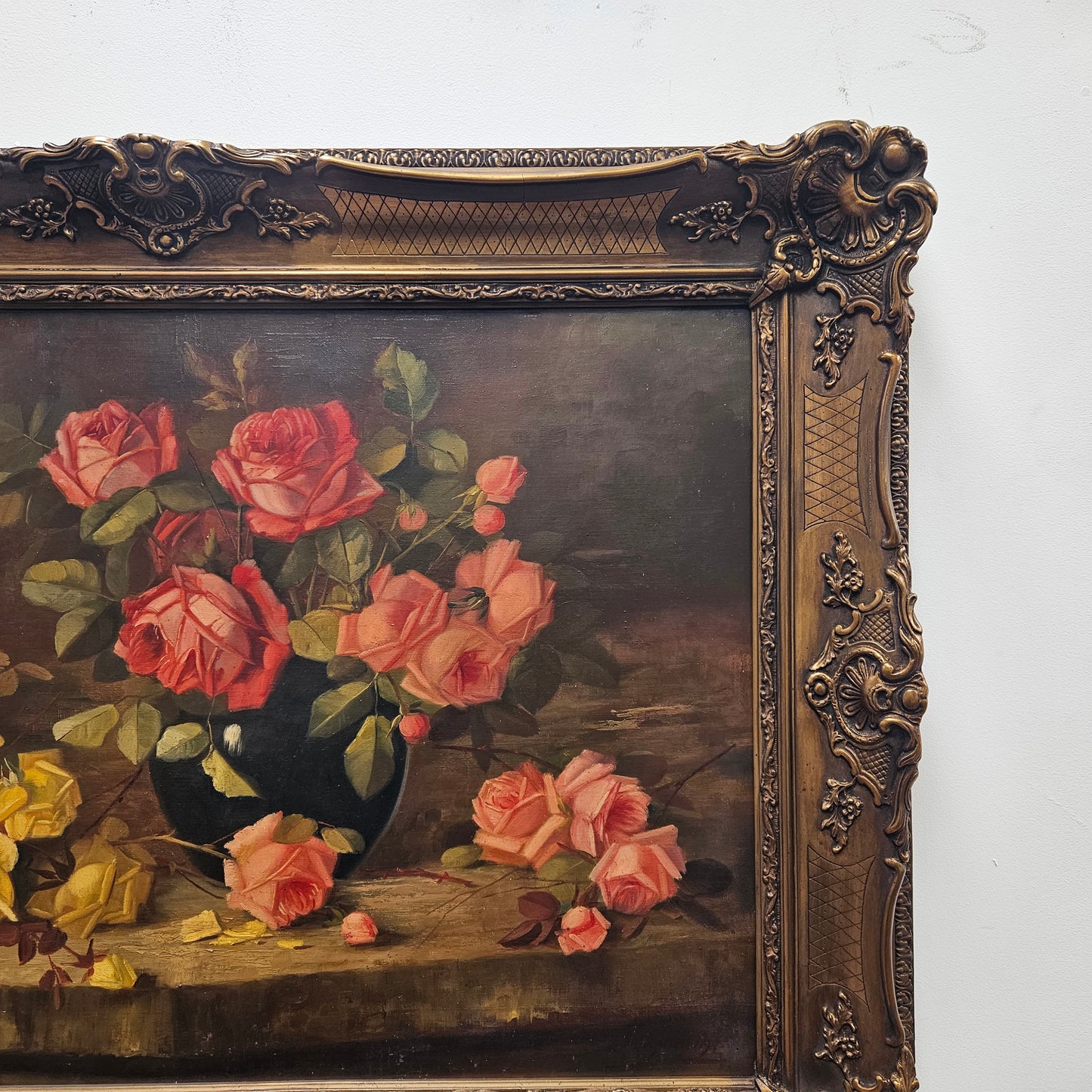 Gilt Framed Oil On Canvas Still Life Of Roses Painting