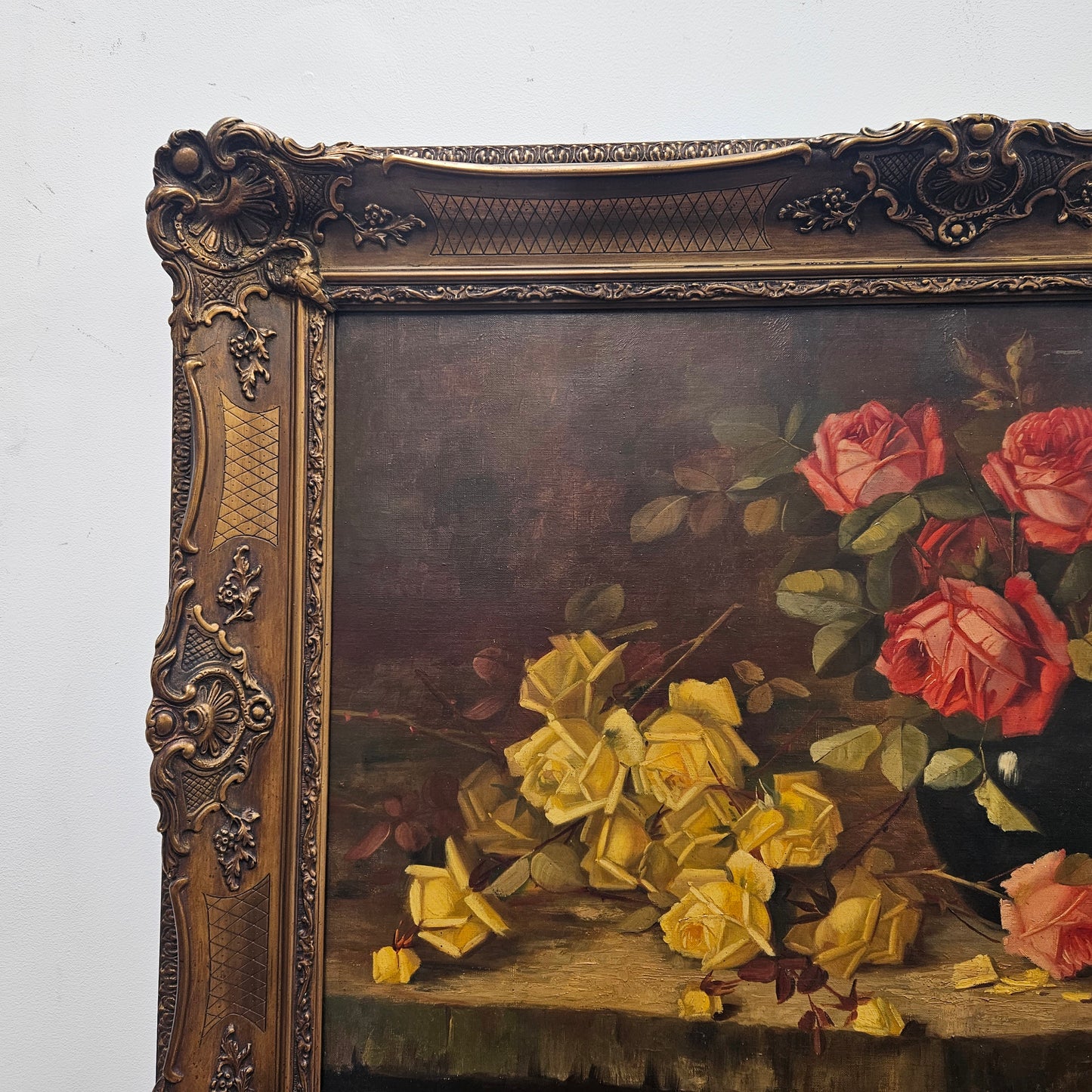 Gilt Framed Oil On Canvas Still Life Of Roses Painting