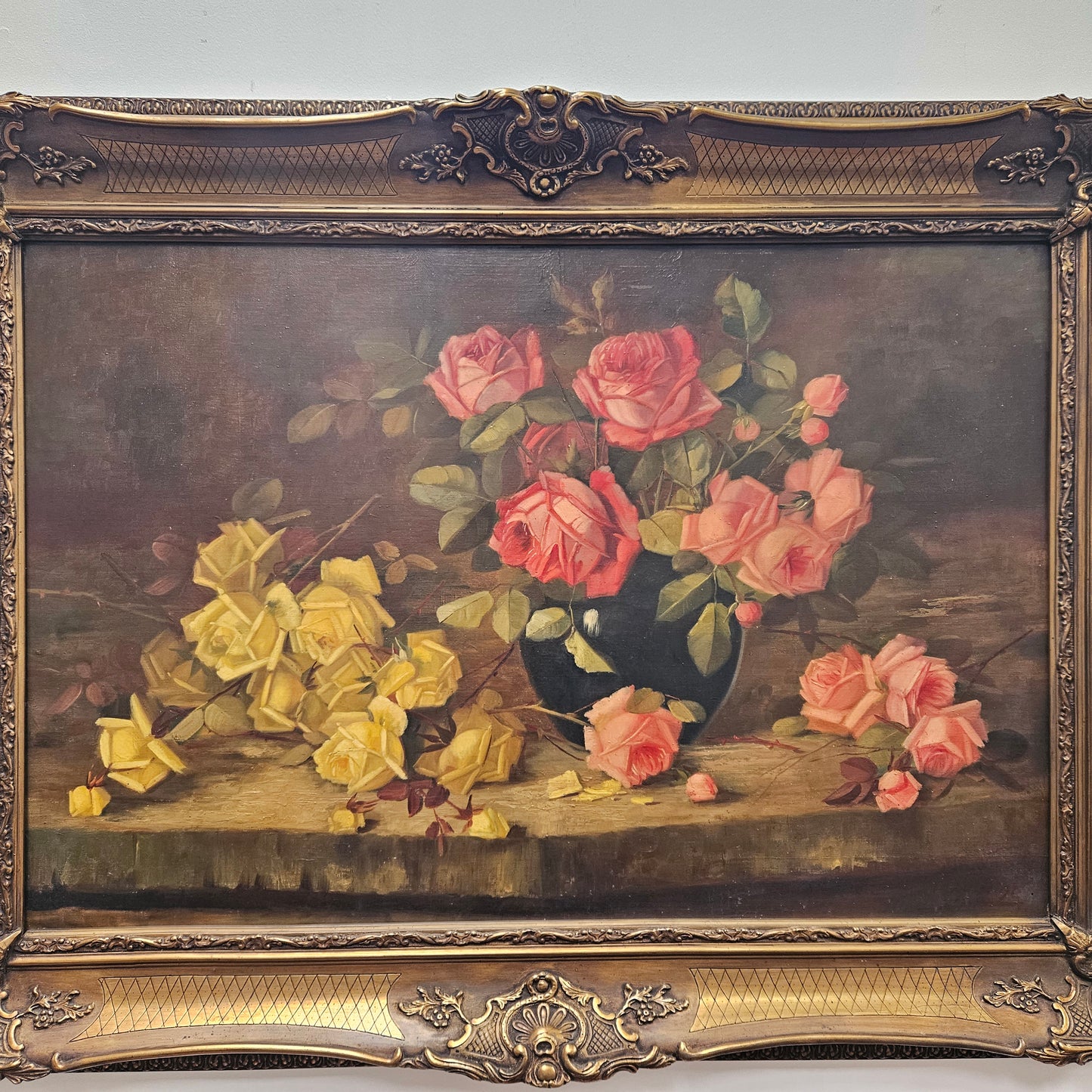 Gilt Framed Oil On Canvas Still Life Of Roses Painting