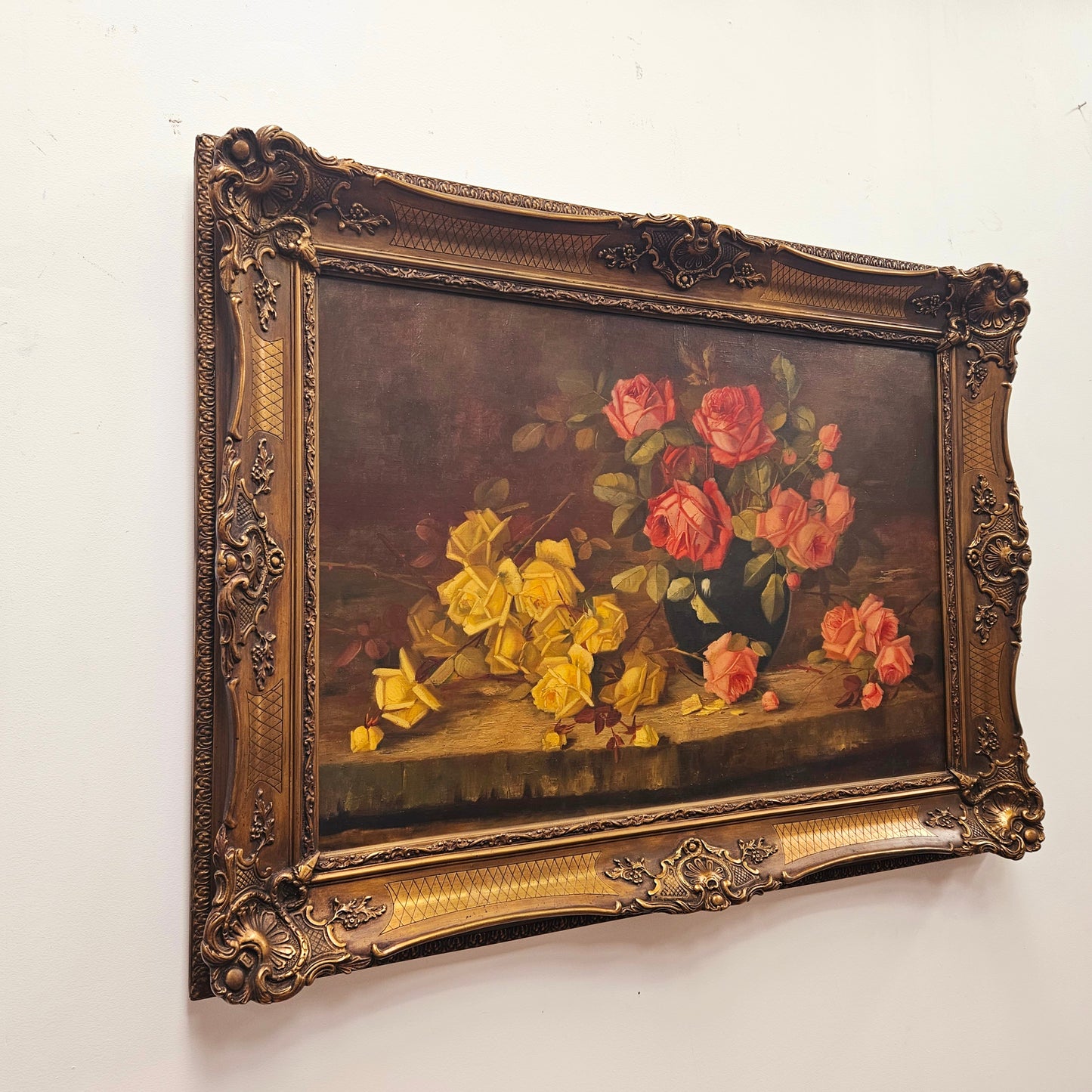 Gilt Framed Oil On Canvas Still Life Of Roses Painting