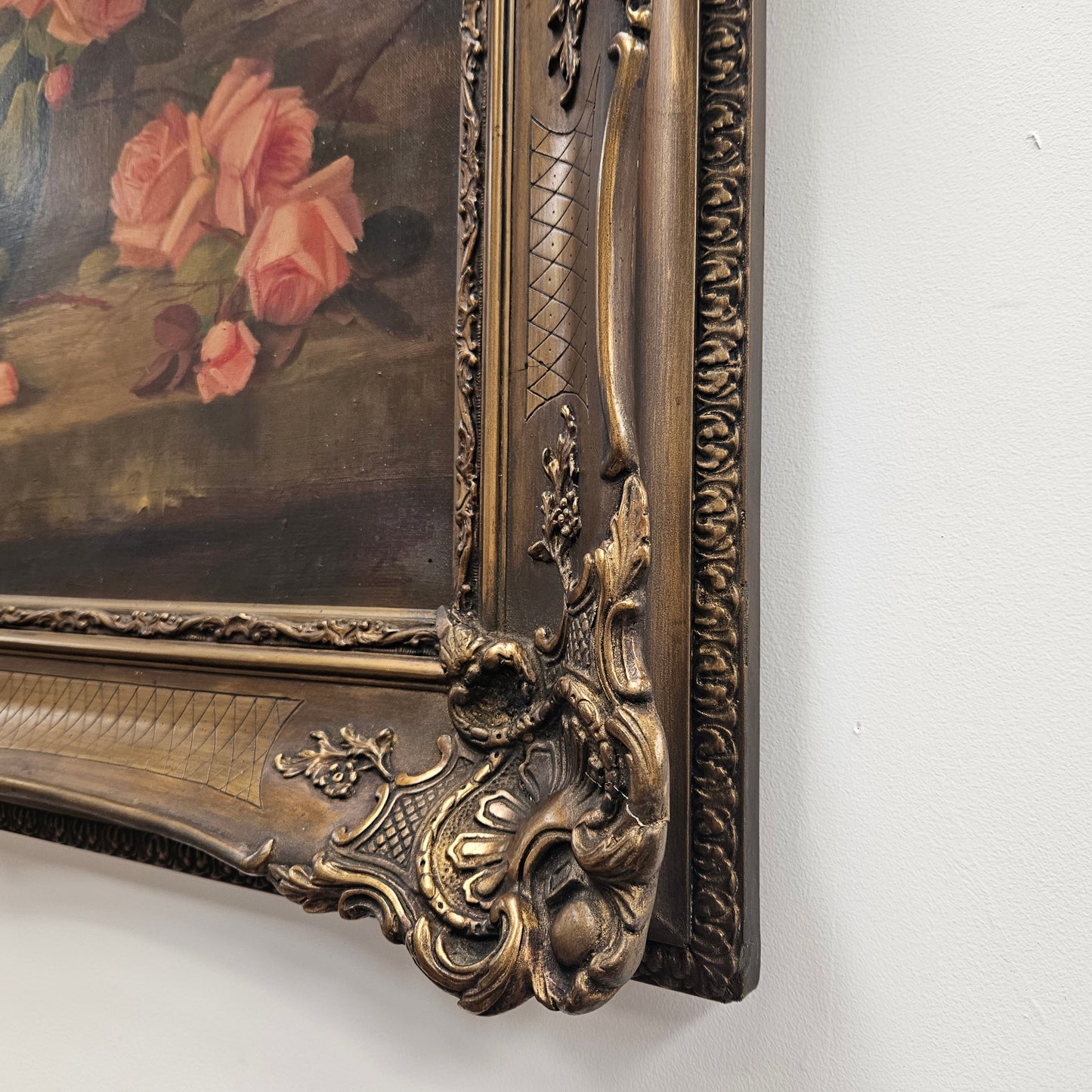 Gilt Framed Oil On Canvas Still Life Of Roses Painting