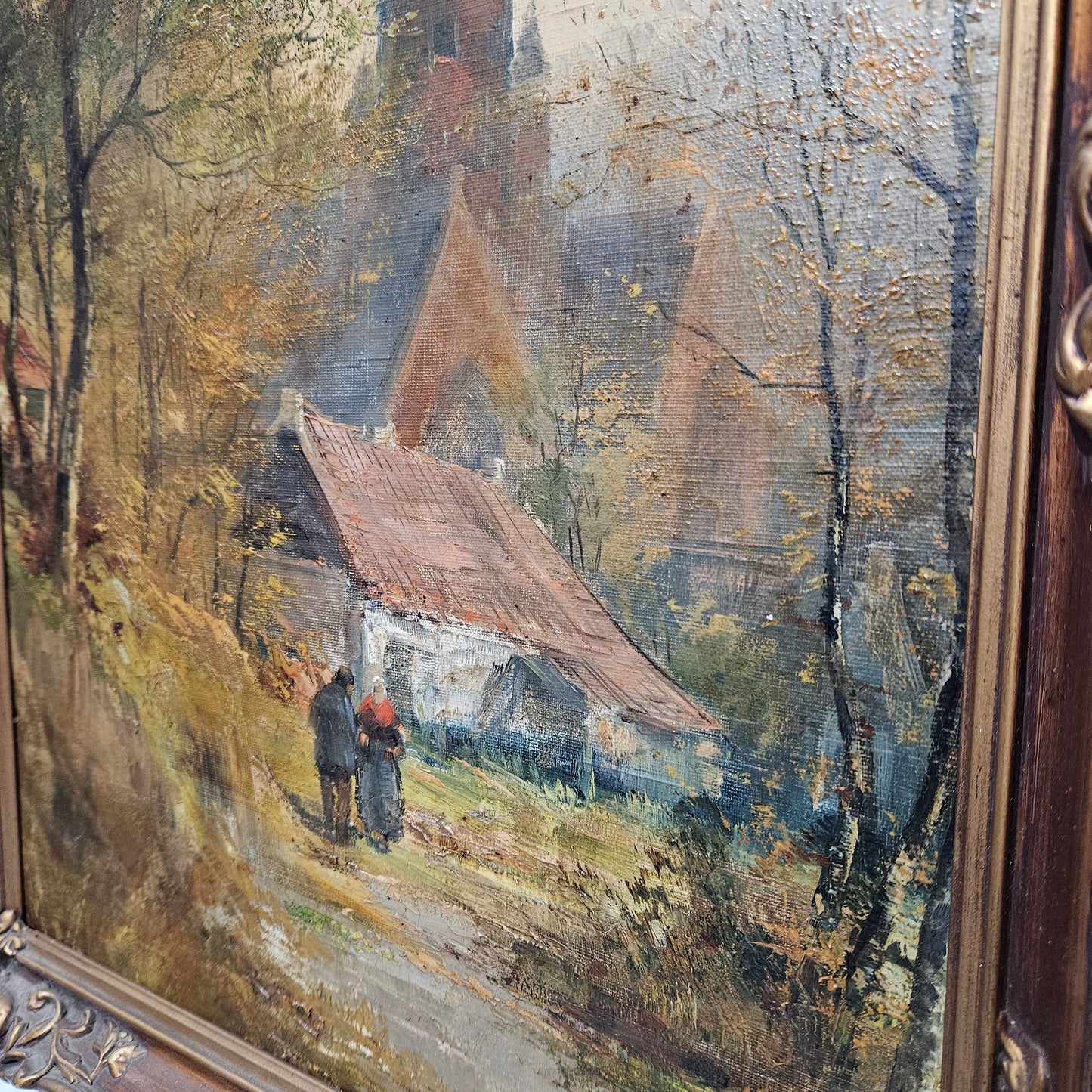 Stunning circa 1930's French oil on board painting in a lovely gilt frame. This painting is in great condition.