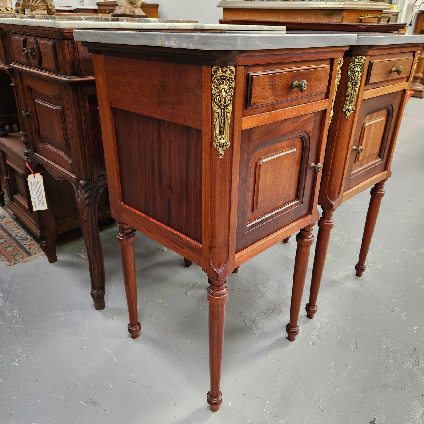 Pair of Mahogany Louis XVI Style Marble Top Bedside Cabinets