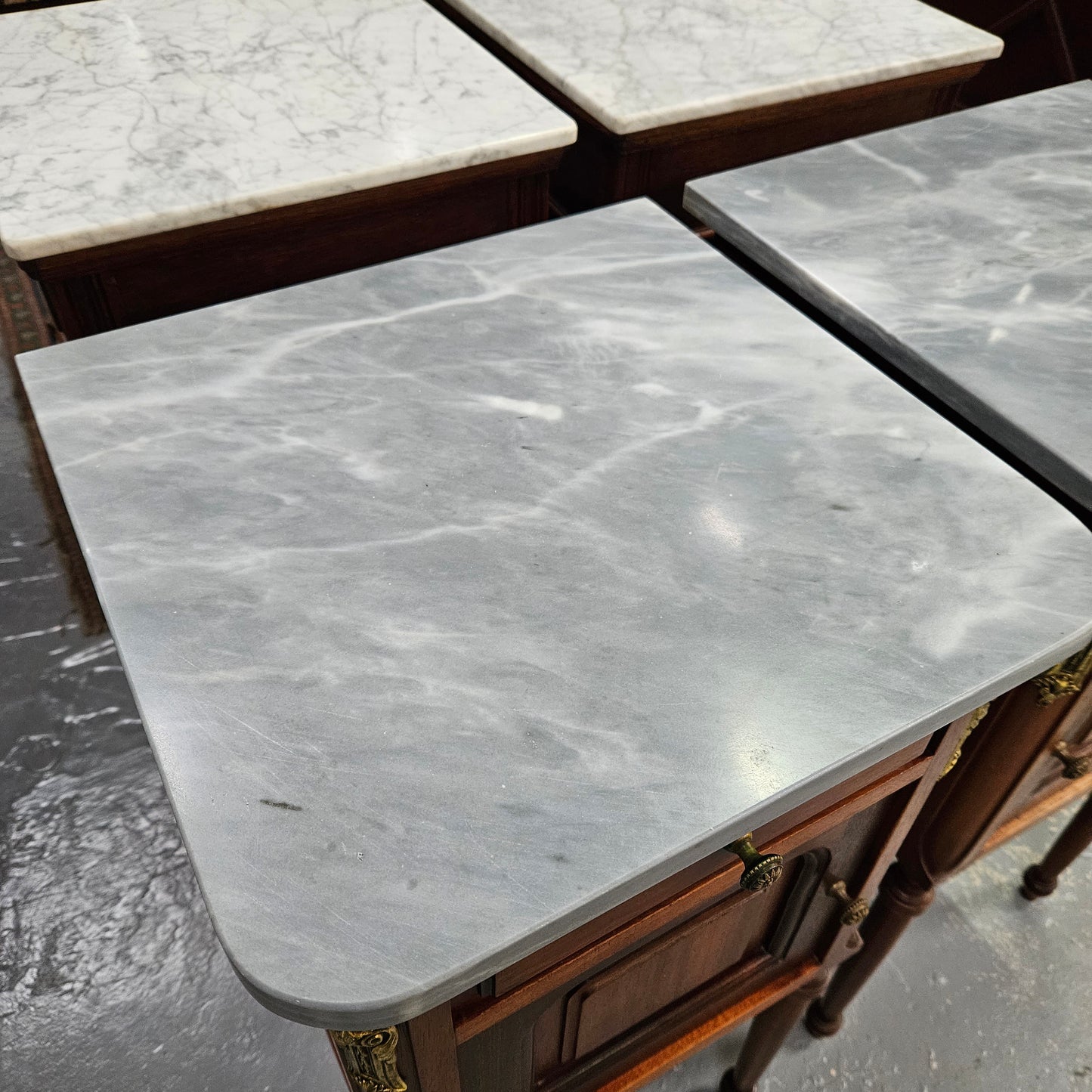 Pair of Mahogany Louis XVI Style Marble Top Bedside Cabinets