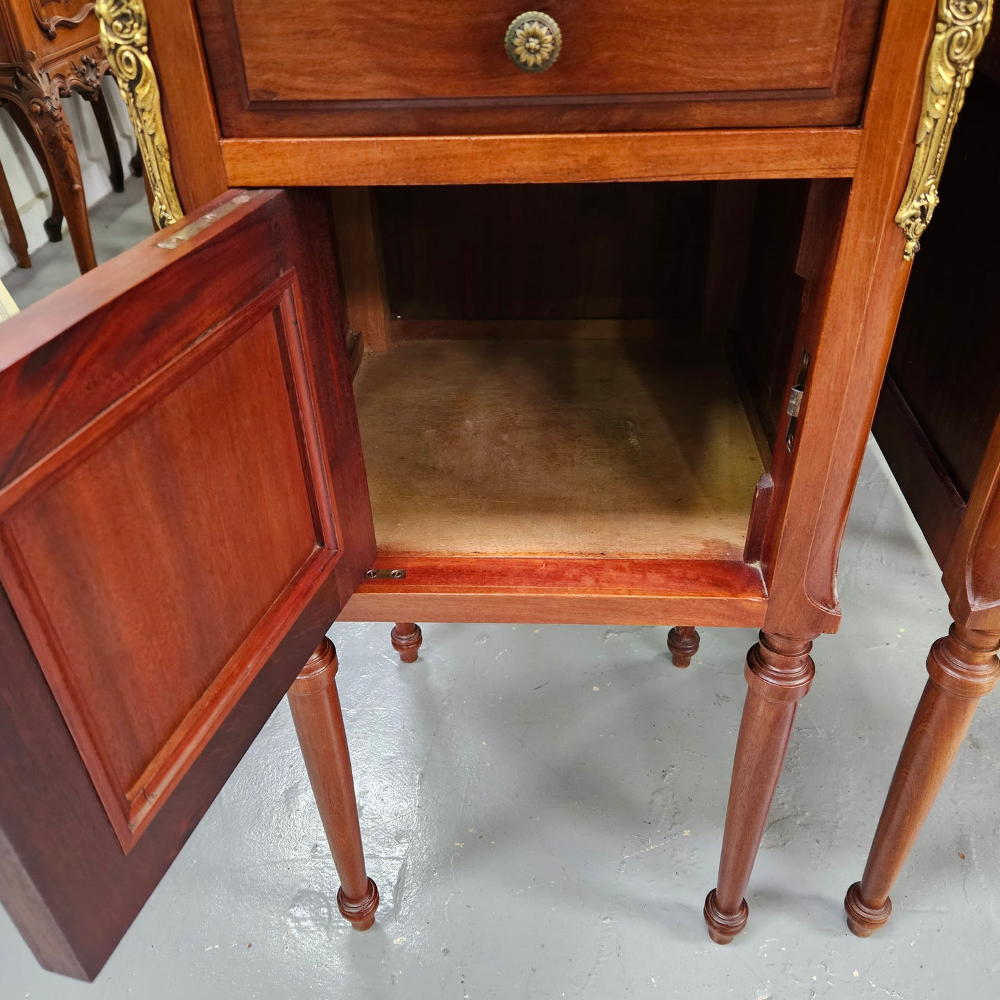 Pair of Mahogany Louis XVI Style Marble Top Bedside Cabinets