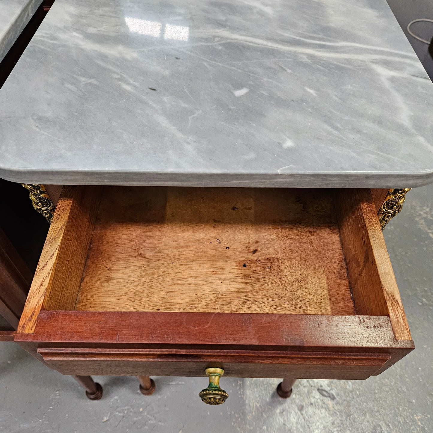 Pair of Mahogany Louis XVI Style Marble Top Bedside Cabinets