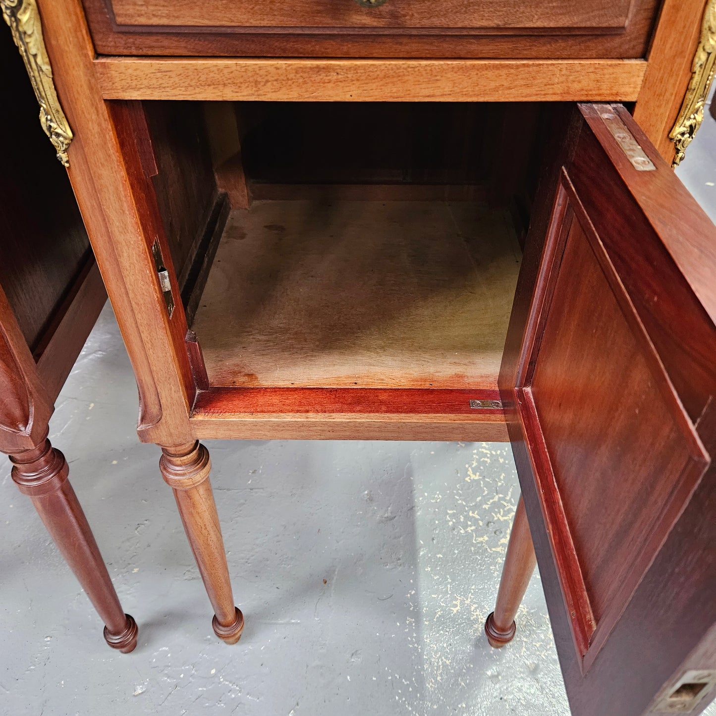 Pair of Mahogany Louis XVI Style Marble Top Bedside Cabinets