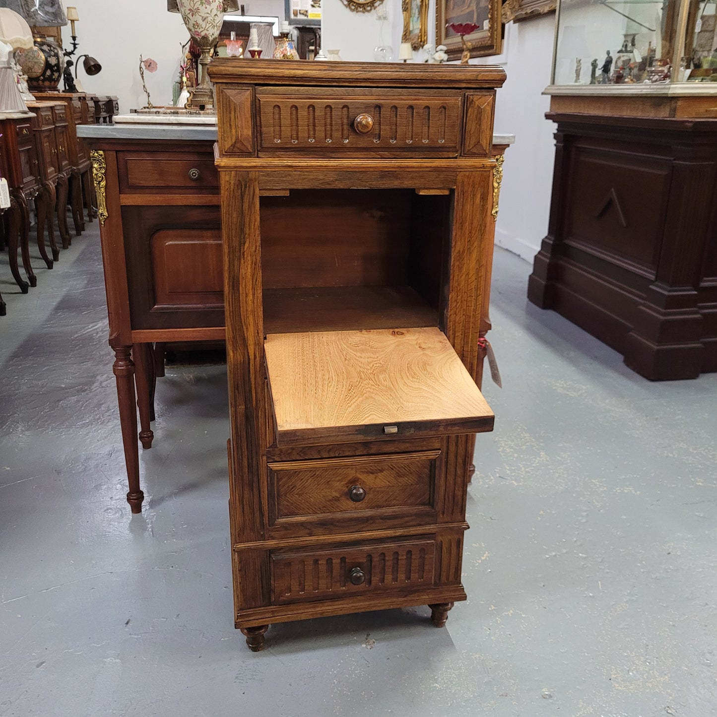 French Walnut Single Bedside With Marble Top