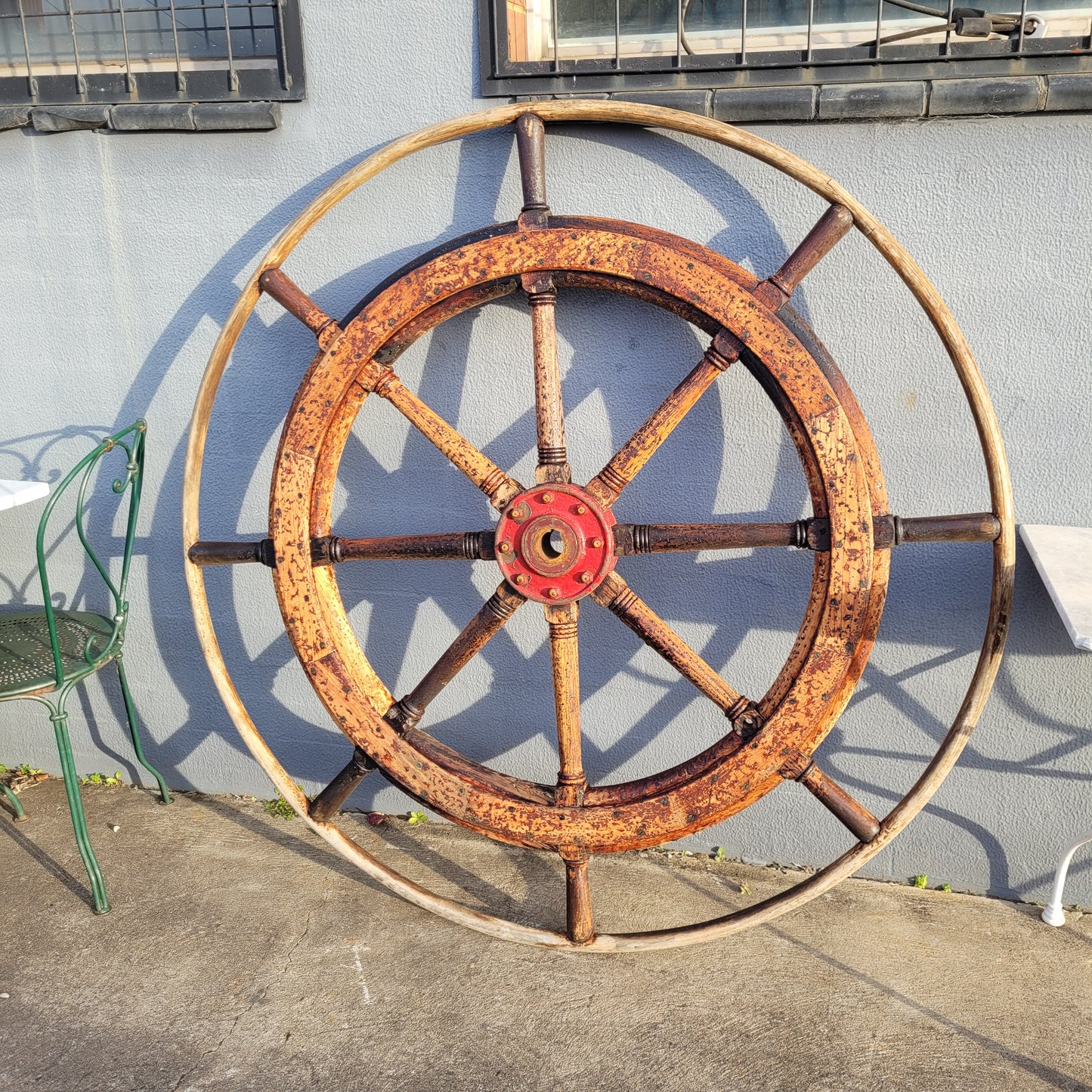 Large Antique 19th Century Eight Spoke Mahogany and Brass Ships Steering Wheel