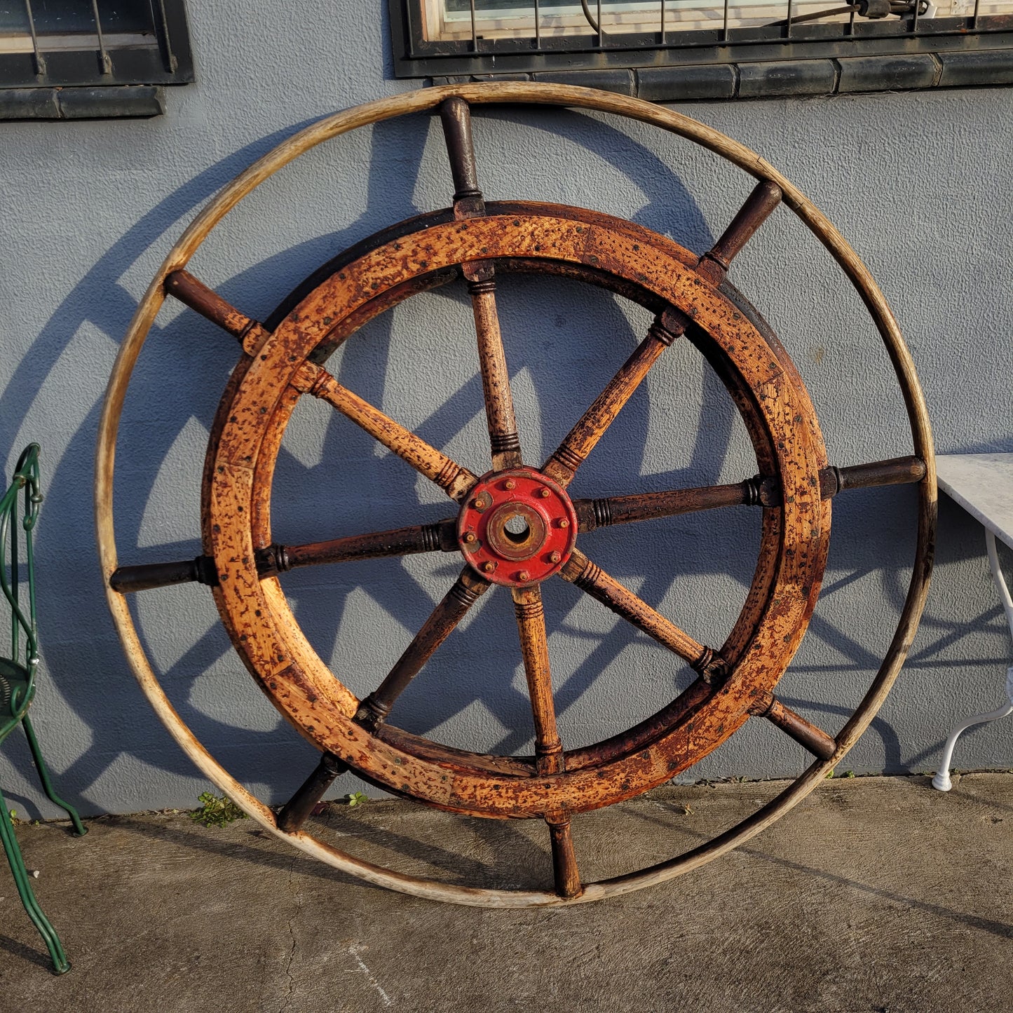Large Antique 19th Century Eight Spoke Mahogany and Brass Ships Steering Wheel