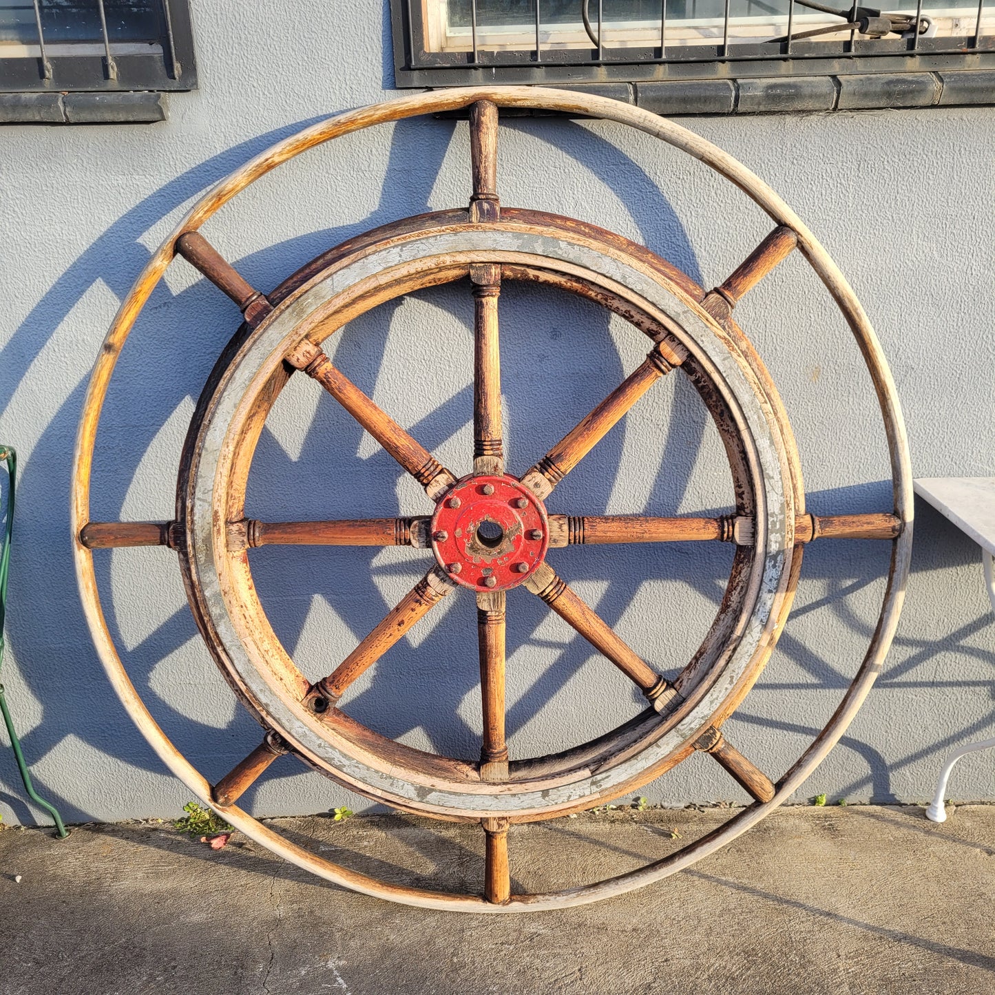 Large Antique 19th Century Eight Spoke Mahogany and Brass Ships Steering Wheel