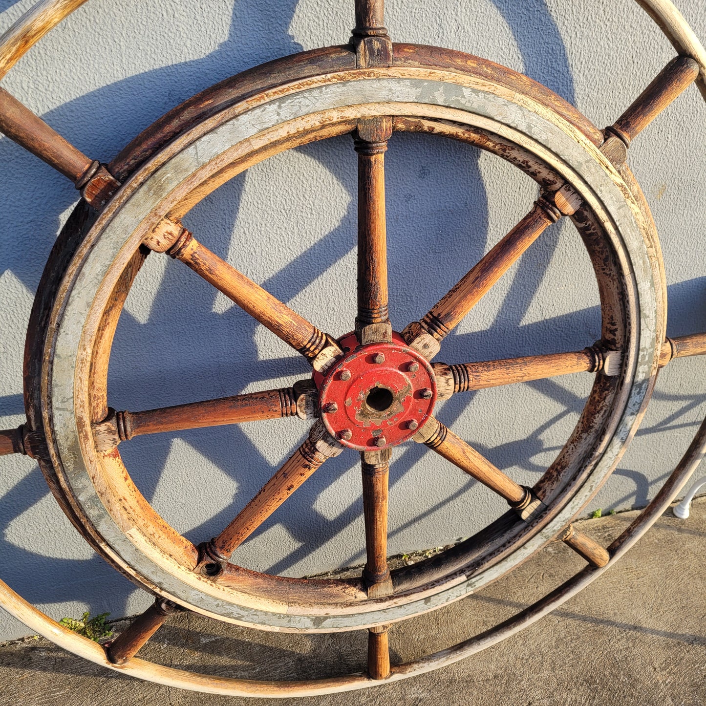 Large Antique 19th Century Eight Spoke Mahogany and Brass Ships Steering Wheel