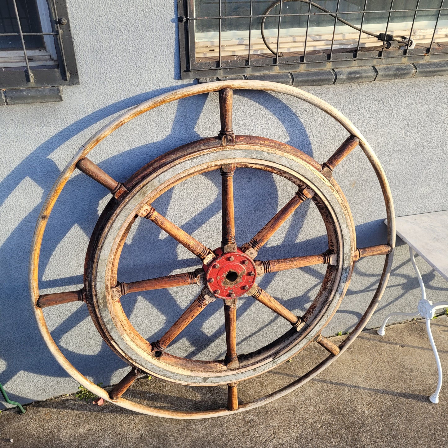 Large Antique 19th Century Eight Spoke Mahogany and Brass Ships Steering Wheel