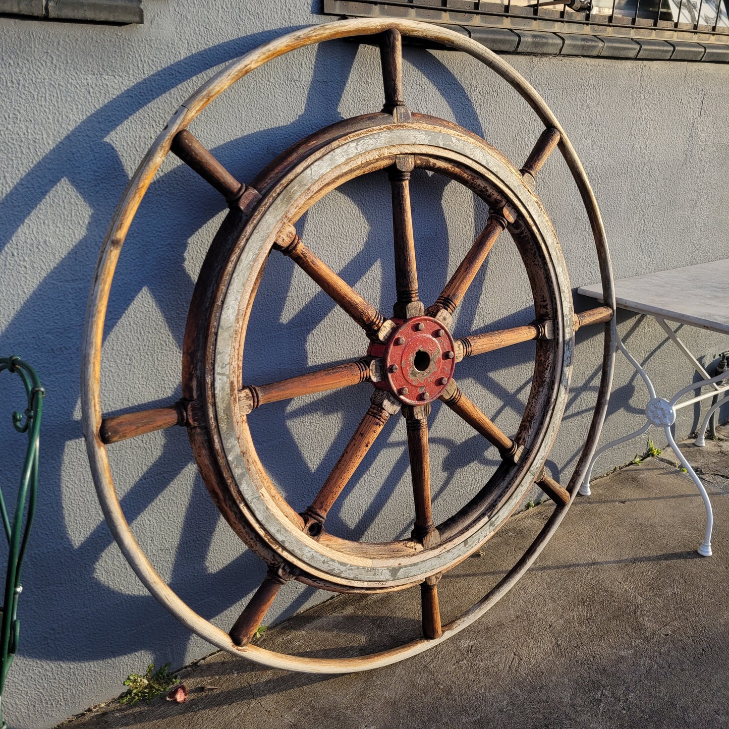 Large Antique 19th Century Eight Spoke Mahogany and Brass Ships Steering Wheel
