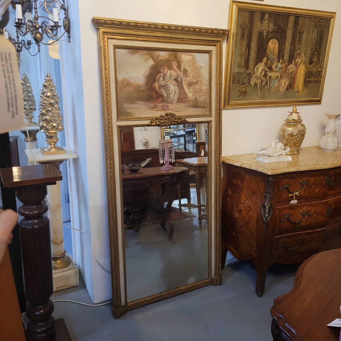 Antique French Gilt & Hand Painted Decorative Trumeau Mirror