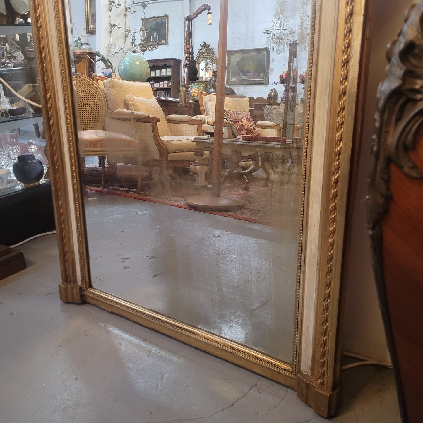 Antique French Gilt & Hand Painted Decorative Trumeau Mirror
