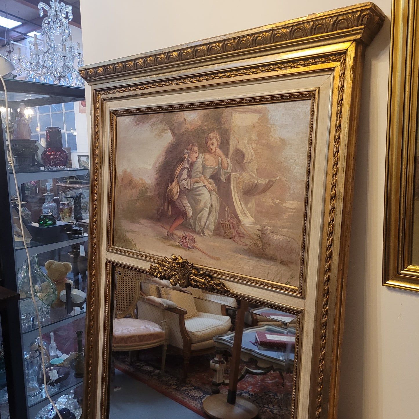 Antique French gilt and hand painted decorative trumeau mirror. It has been sourced directly from France and is in good original condition detailed condition.