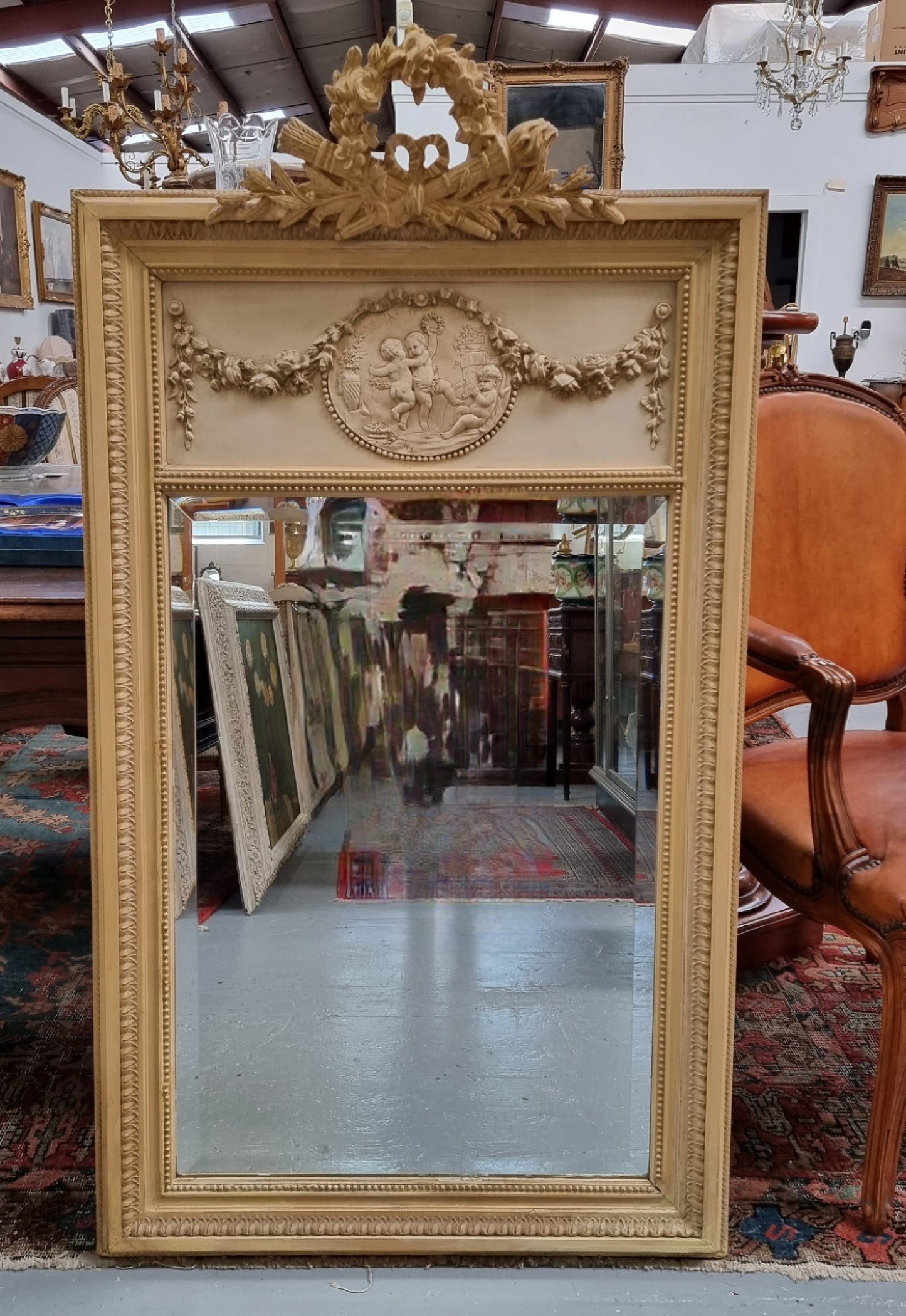 19th Century Hand Painted Trumeau Mirror Featuring a Cherub