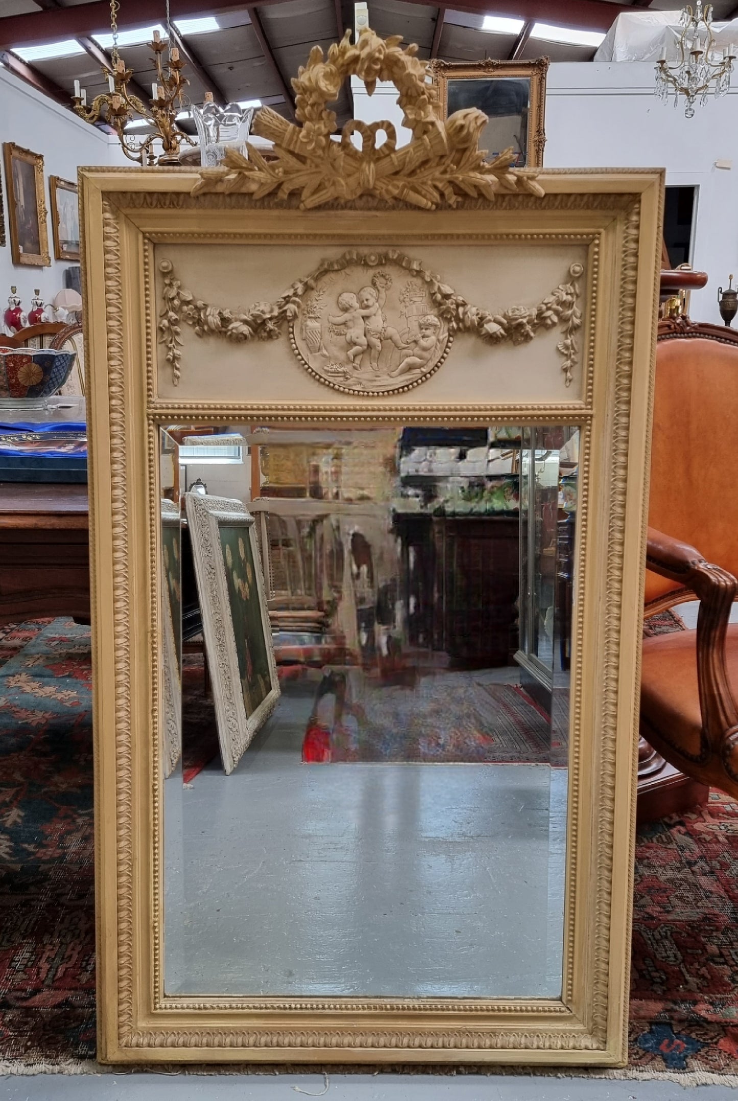 19th Century Hand Painted Trumeau Mirror Featuring a Cherub