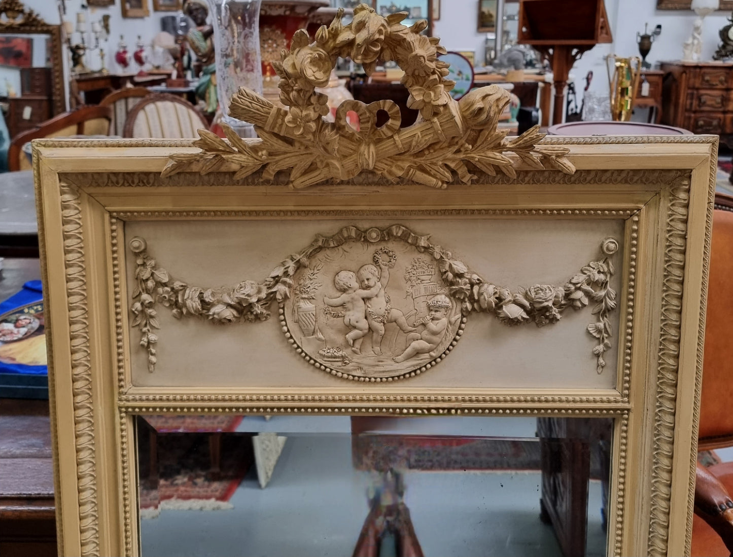 19th Century Hand Painted Trumeau Mirror Featuring a Cherub