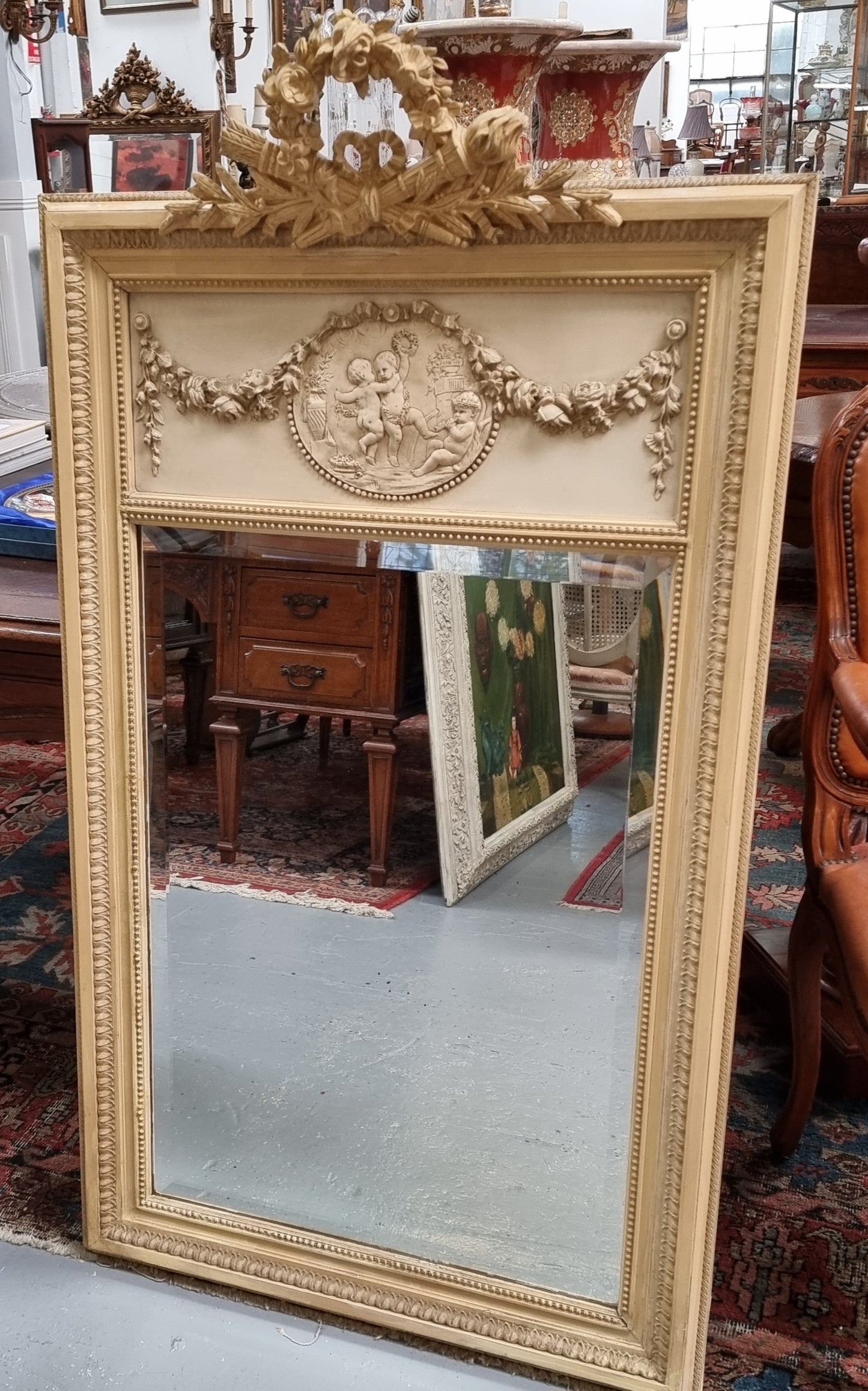 19th Century Hand Painted Trumeau Mirror Featuring a Cherub