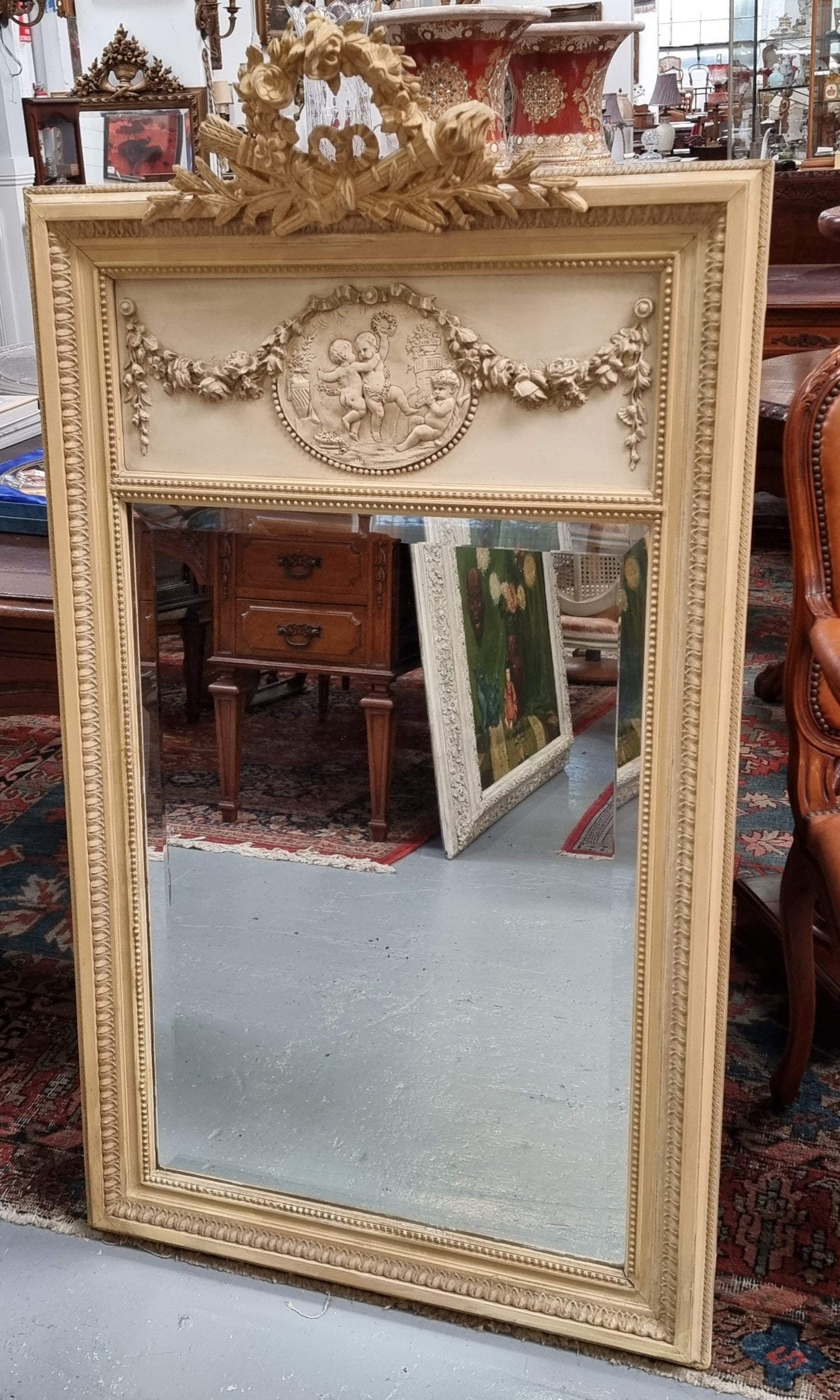 19th Century Hand Painted Trumeau Mirror Featuring a Cherub