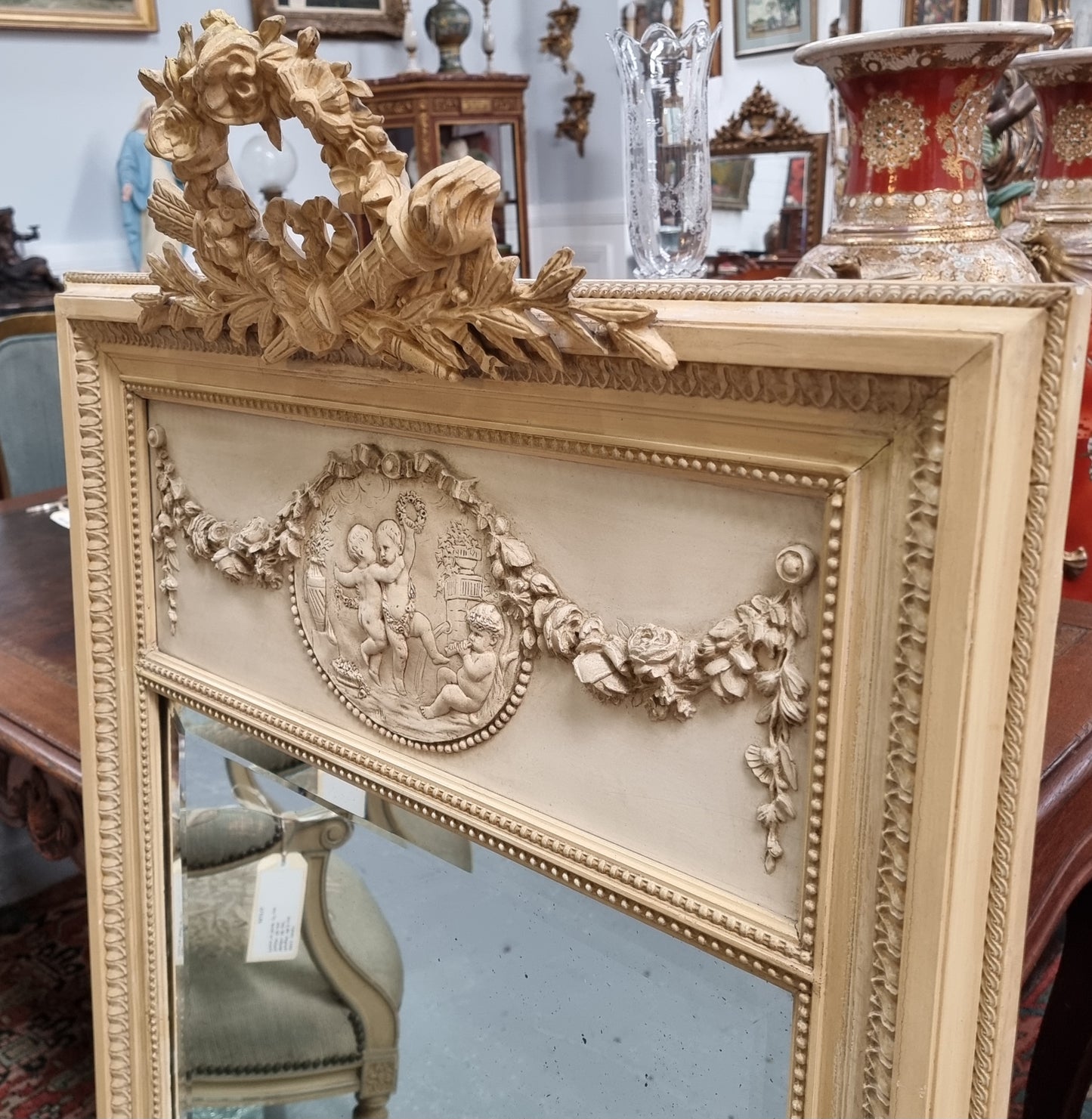 19th Century Hand Painted Trumeau Mirror Featuring a Cherub