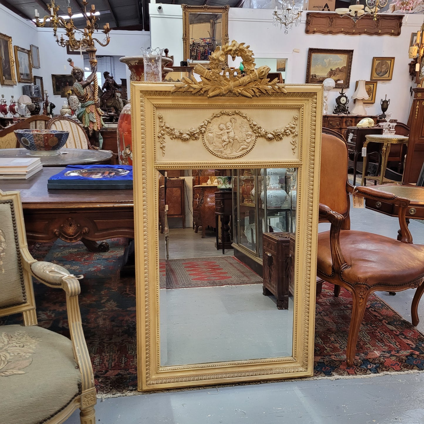 19th Century Hand Painted Trumeau Mirror Featuring a Cherub