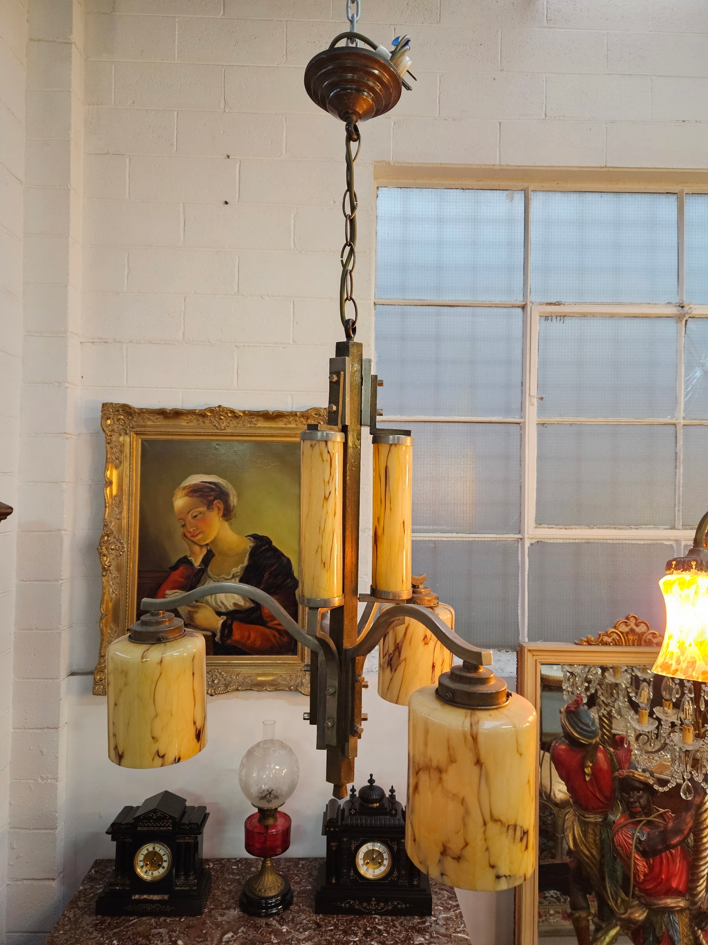 Stunning four light French Art Deco ceiling chandelier with original shades. This chandelier has been rewired to Australian standards. It is in good original condition. Please see photos as they form part of the description.