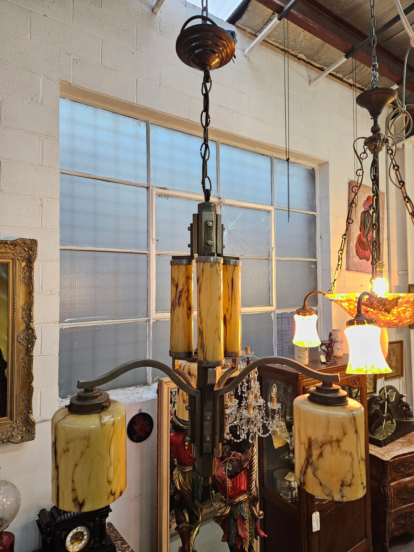 Stunning four light French Art Deco ceiling chandelier with original shades. This chandelier has been rewired to Australian standards. It is in good original condition. Please see photos as they form part of the description.
