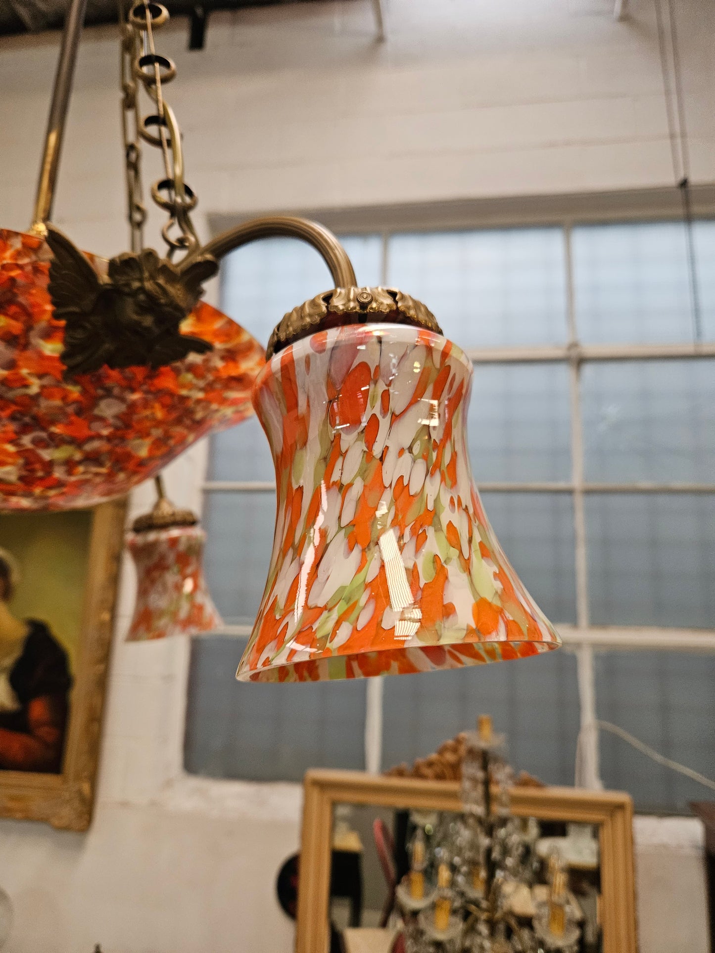 Amazing four light French Art Deco molten glass and brass chandelier with its original shades and bowls. This chandelier has been rewired to Australian standards. It is in good original condition. Please see photos as they form part of the descri