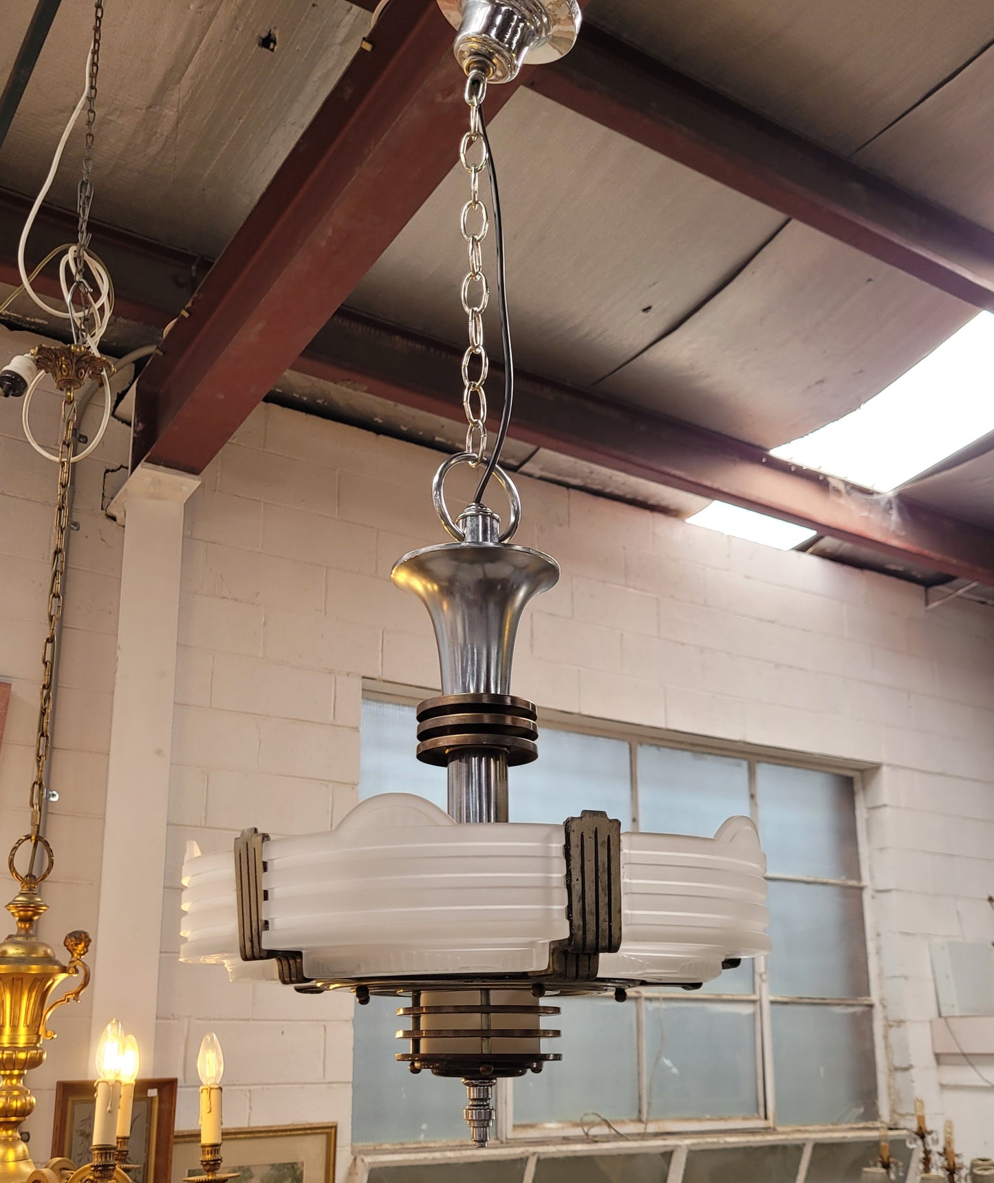 Art Deco Machine Age Streamlined Skyscraper Style Etch Glass Chandelier