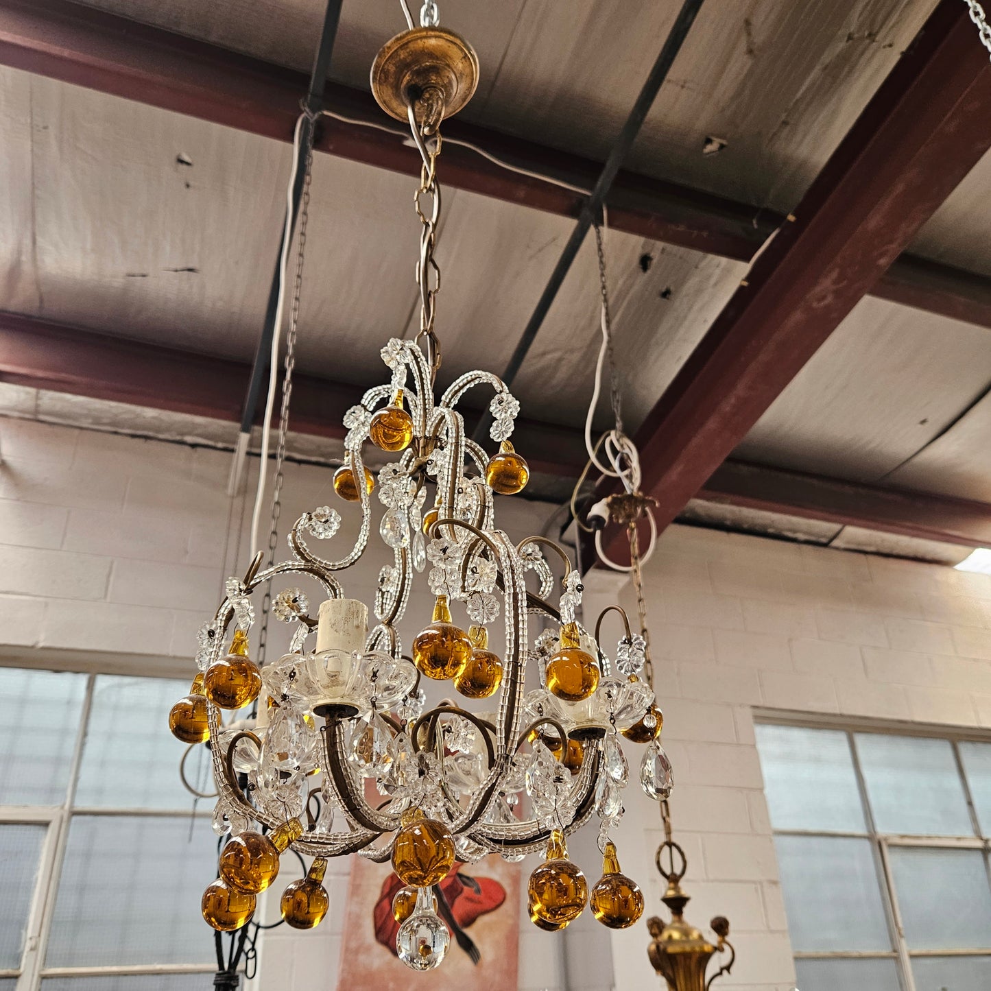 Lovely French Petit Amber & Clear Glass Chandelier