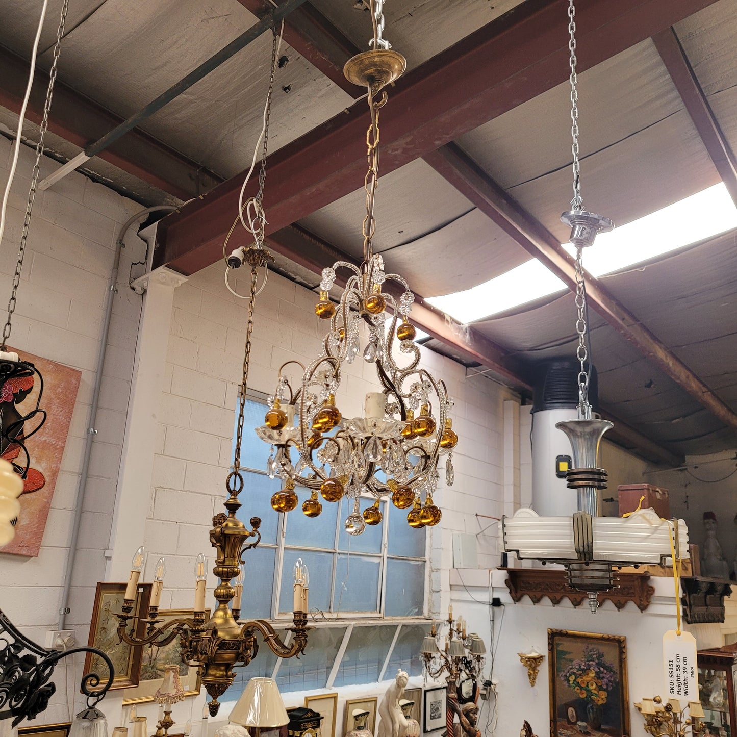 Lovely French Petit Amber & Clear Glass Chandelier